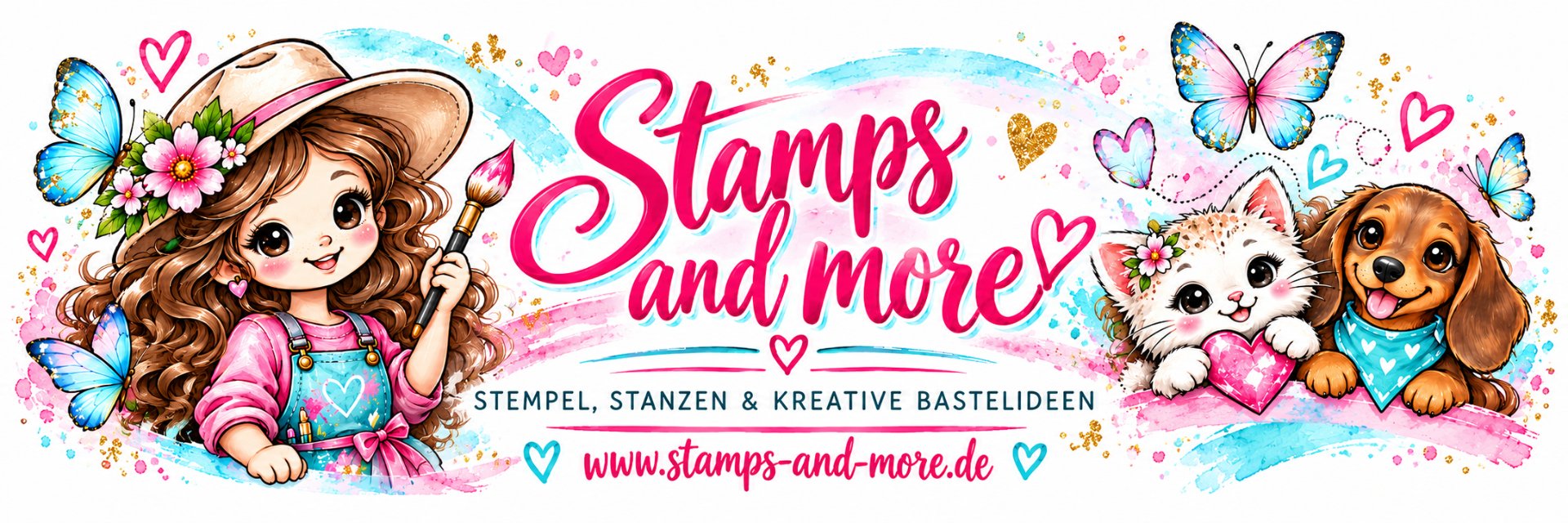 Bastelplatz mit Clear Stamp, Acrylblock und Stempelkissen neben einer Grußkarte